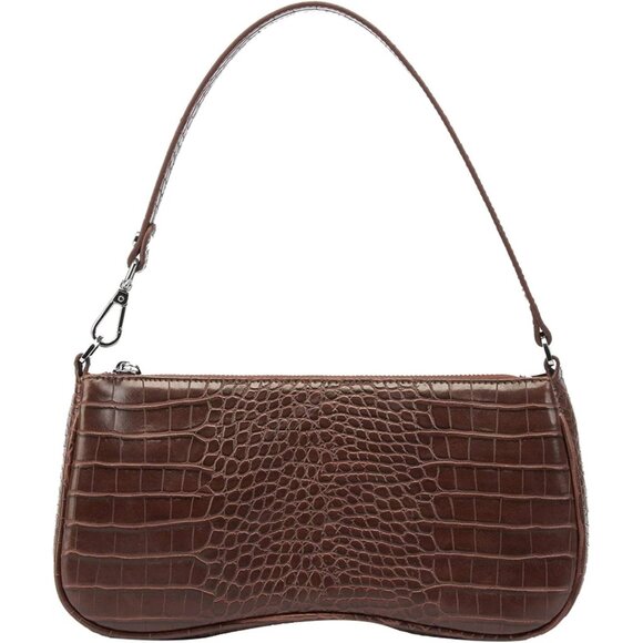 Luxury Brown Shoulder Bag - Croc-Embossed Vegan Leather with Silver Hardware